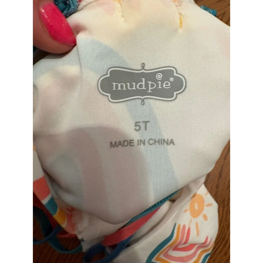 Mud Pie Girls 5T Rainbow Sun One Piece Swimsuit Ruffle Bow Back White Pink Teal
